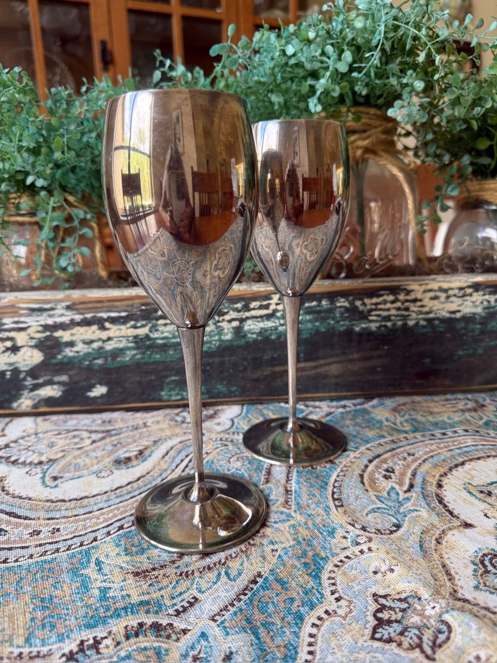 E L de Uberti Italy Goblet Pair Silver Metallic Wine Glasses Vintage